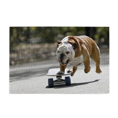 Puzzles, Puzzles für Erwachsene, anspruchsvolles Puzzle, 1000 Teile, Bilderpuzzle aus Holz, englische Bulldoggen, Bokeh-Skateboard, Haustiere, Englisch von FUkker