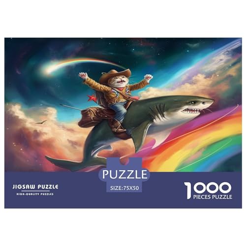 1000-teiliges Puzzle mit Katze reitet Hai, Erwachsene, Teenager, Kinder, großes Puzzle, Spielzeug, Geschenk, pädagogisch, intellektuell, dekomprimierend, Spaß, Familienspiel, 1000 Teile (75 x 50 cm) von FUmoney