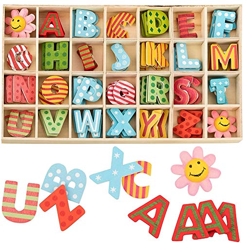 108 Stück Bunt Holzbuchstaben Großbuchstaben,Großbuchstaben A-Z Holzbuchstaben Set Lagerung in Tablett,Bunt Alphabet ABC Buchstaben Zahlen Gestalten Holz Puzzle Blöcke für Kleinkinder von FVGYITG