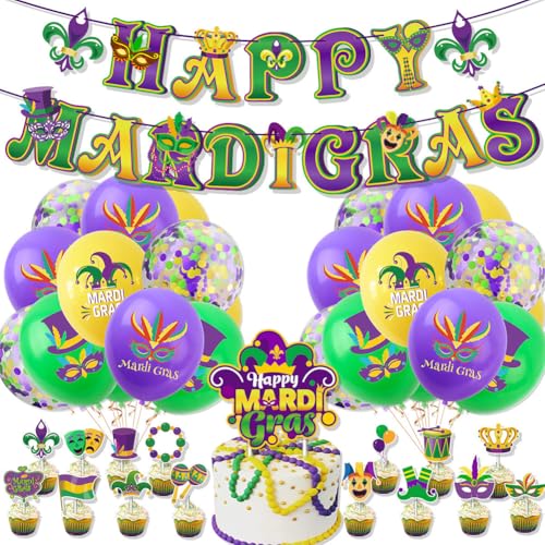 FVGYITG Mardi Gras Party Dekorationen,39 Stück Mardi Gras Karneval Party Supplies Lila Grün Luftballons Maskerade Ballon Set Happy MardiGras Banner Tortendeko Für Karneval Maskerade Party Zubehör von FVGYITG