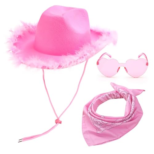 FWANGEN Western Cowboyhut, Western Cowboy Hut Gläser Schal Set, Westen Kostü Karneval Mottoparty Cowgirl Hut Damen Partybrille Accessoires Cowgirl Hut Cowboy Hut für Erwachsene Rodeo Reiter Wilder von FWANGEN