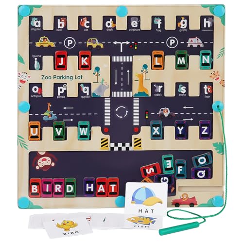 FWHFNB Magnetisches Alphabet Puzzle,Magnetspiel Labyrinth,Montessori Spielzeug,Lernspiele zum Buchstaben Lernen,Kinderspielzeug Geschenk,für 3 4 5 6 7 Jahre Jungen Mädchen (Auto & Parkplatz) von FWHFNB