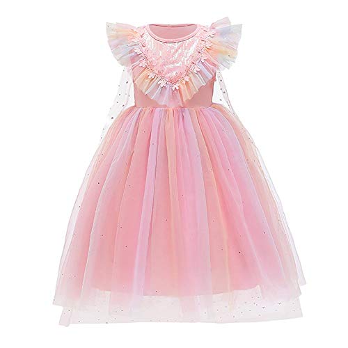 FYMNSI Elsa Kostüm Mädchen Eiskönigin Verkleidung Prinzessin Pailletten Tüllkleid mit Schneeflocke Umhang Outfit für Karneval Fasching Halloween Cosplay Weihnachten Geburtstag Party Rosa 3-4 Jahre von FYMNSI