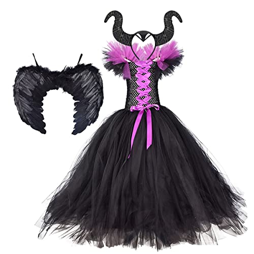 FYMNSI Kinder Baby Mädchen Maleficent Böse Königin Kostüme Dornröschen Bösartige Hexenkönigin Halloween Party Cosplay Dunkle Märchen Maskenkostüm Hörner Stirnband Engelsflügel Langes Kleid 5-6 Jahre von FYMNSI