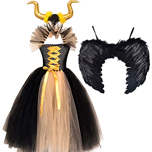 FYMNSI Kinder Mädchen Maleficent Kostüme Böse Königin Bösartige Hexenkönigin Halloween Party Cosplay Karneval Fasching Maskenkostüm Tüll Maxikleid Hörner Stirnband Engelsflügel Set Gold 8-9 Jahre von FYMNSI