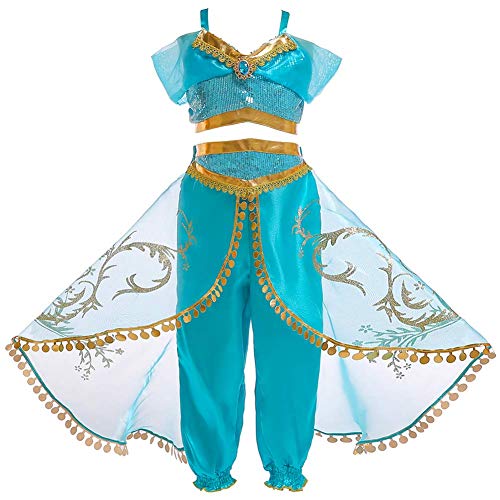 FYMNSI Mädchen Aladin Kleid Prinzessin Jasmine Cosplay Kostüm Kinder Pailletten Crop Top Hose Haarband Pfau bedruckt Tüll Umhang Outfit Karneval Weihnachten Halloween Geburtstag Kostüm 213 Jahre Gr. von FYMNSI