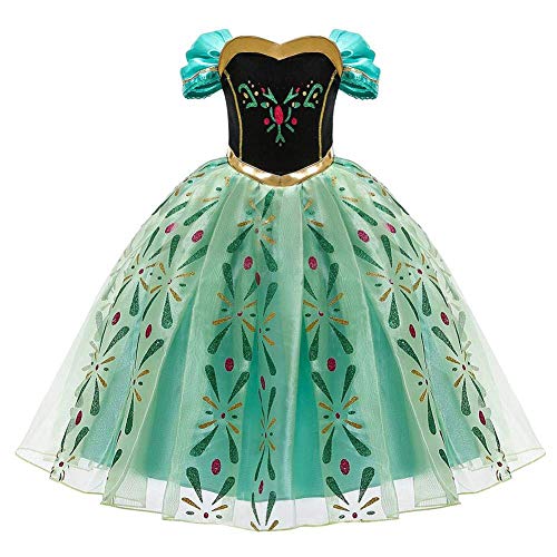 FYMNSI Mädchen Anna Kostüm Kleid Kinder Halloween Cosplay Eiskönigin Krönung Grün Maxikleid Prinzessin Königin Krönungskleid Karneval Fasching Verkleidung Weihnachten Festkleid 4-5 Jahre von FYMNSI