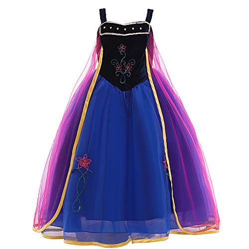 FYMNSI Mädchen Anna Kostüm Kleid Kinder Schneekönigin Prinzessin Cosplay Karneval Fasching Verkleidung Weihnachten Halloween Festliches Partykleid Geburtstagskleid Blau Kleid 5-6 Jahre von FYMNSI