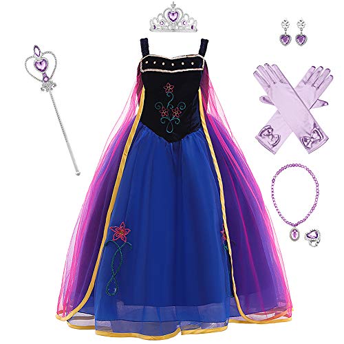 FYMNSI Mädchen Anna Kostüm Kleid mit Zubehör Kinder Schneekönigin Prinzessin Cosplay Karneval Fasching Verkleidung Weihnachten Halloween Festliches Partykleid Geburtstagskleid Blau 3-4 Jahre von FYMNSI