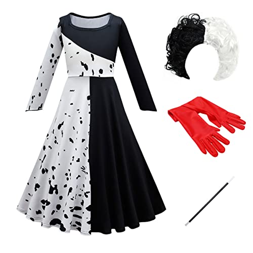 FYMNSI Mädchen Cruella Deville Kostüm, Kinder Cruella de Vil Cosplay Schwarz Weiß Langarm Kleid Perücke Handschuhe 101 Dalmatiner Verkleidung für Halloween Fasching Party 15-16 Jahre von FYMNSI