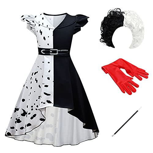 FYMNSI Mädchen Cruella Deville Kostüm Kinder Cruella de Vil Cosplay Schwarz Weiß Vokuhila Gepunktet Kleid Perücke Handschuhe Set 101 Dalmatiner Verkleidung für Halloween Fasching Party 13-14 Jahre von FYMNSI