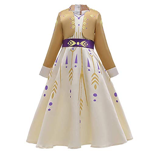 FYMNSI Mädchen Prinzessin Kostüm Kleid Eiskönigin Eisprinzessin Party Cosplay Karneval Fasching Verkleidung Weihnachten Halloween Festliches Geburtstagskleid Langarm Maxikleid Gold 11-12 Jahre von FYMNSI