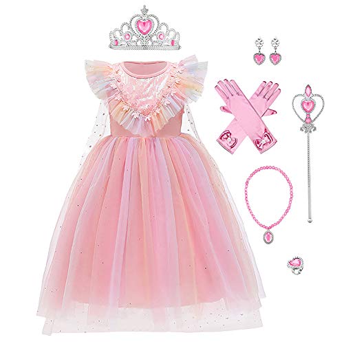 FYMNSI Prinzessin Elsa Kostüm mit Zubehör für Kinder Halloween Party Cosplay Weihnachten Karneval für 2-9 Jahre Gr. 4-5 Jahre, Rosa 02 von FYMNSI