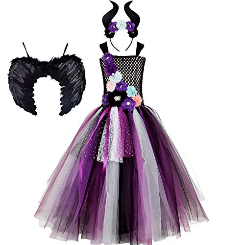 Kinder Baby Mädchen Maleficent Böse Königin Kostüme Dornröschen Bösartige Hexenkönigin Halloween Party Cosplay Karneval Fasching Maskenkostüm Hörner Stirnband Engelsflügel Set Blumen 11-12 Jahre von FYMNSI