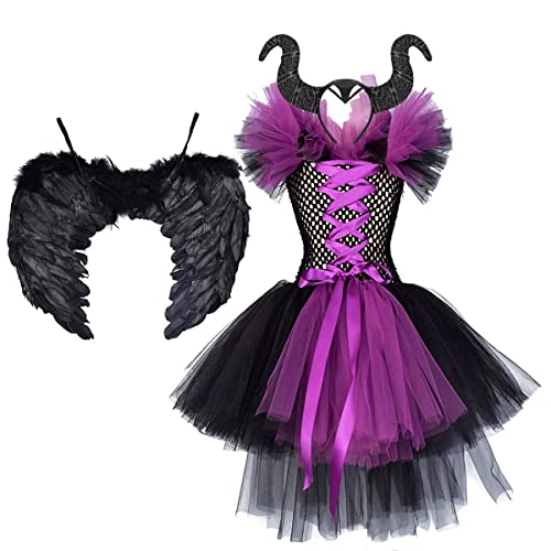 Kinder Baby Mädchen Maleficent Böse Königin Kostüme Dornröschen Bösartige Hexenkönigin Halloween Party Cosplay Karneval Fasching Maskenkostüm Hörner Stirnband Engelsflügel Set Kurzes Kleid 3-4J von FYMNSI