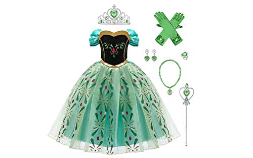 FYMNSI Mädchen Anna Kostüm Kleid mit Zubehör Kinder Halloween Cosplay Eiskönigin Krönung Grün Maxikleid Prinzessin Königin Krönungskleid Karneval Fasching Verkleidung Weihnachten Festkleid 5-6 Jahre von FYMNSI