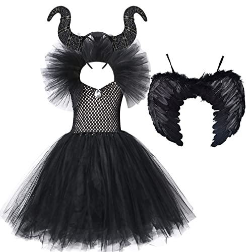 Mädchen Maleficent Kostüm Tüll Kleid Flügel Gehörntes Stirnband Set Halloween Fasching Party Cosplay Böse Königin Bösartige Hexenkönigin Dunkle Fee Stiefmutter Königin Verkleidung Schwarz 10-12 Jahre von FYMNSI