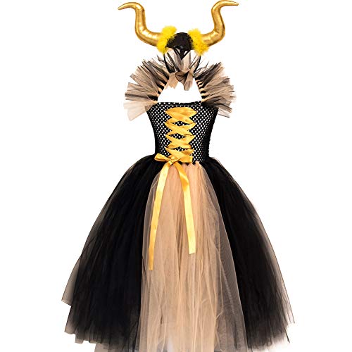 Maleficent Kostüm für Mädchen Kinder Hexen Böse Königin Cosplay Bösartige Hexenkönigin Tütü Tüll Prinzessin Maxikleid mit Hörner Stirnband Halloween Party Fasching Karneval Verkleidung Gold 10-12Jahre von FYMNSI