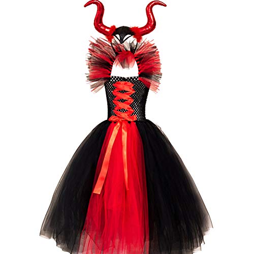 Maleficent Kostüm für Mädchen Kinder Hexen Böse Königin Cosplay Bösartige Hexenkönigin Tütü Tüll Prinzessin Maxikleid mit Hörner Stirnband Halloween Party Fasching Karneval Verkleidung Rot 6-7 Jahre von FYMNSI