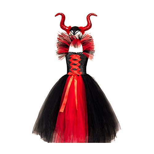 Maleficent Kostüm für Mädchen Kinder Hexen Böse Königin Cosplay Bösartige Hexenkönigin Tütü Tüll Prinzessin Maxikleid mit Hörner Stirnband Halloween Party Fasching Karneval Verkleidung Rot 8-9 Jahre von FYMNSI