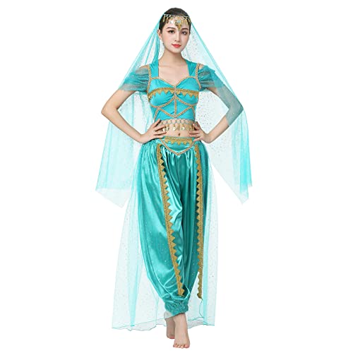 Prinzessin Jasmin Kost�m Erwachsene Bauchtanz Kost�m Damen Aladdin Cosplay Pailletten Crop Top Hose Kopfschmuck Outfit f�r Fasching Arabische N�chte Karneval Geburtstag Party Verkleidung Gr�n L von FYMNSI