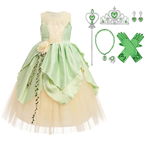 Prinzessinnenkleid Tiana Mädchen Kostüm Prinzessin Frosch Kostüm Grün Kleid mit Zubehör Set für Kinder Cosplay Halloween No?l Karneval Geburtstag Abend Kleidung Hellgrün 11-12 Jahre von FYMNSI