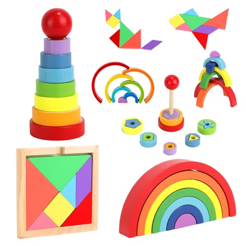 FYSL 3-in-1 Montessori Stapelspielzeug, Regenbogen Holzspielzeug, Holz Stapelturm, Tangram Kinder, Holzbausteine Regenbogen, Vorschule Stapeln Spielzeug, Motorikspielzeug ab 1 Jahr von FYSL