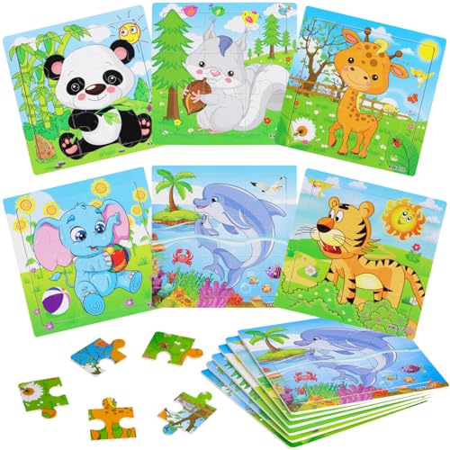 FYSL 6er-Pack Holzpuzzles für Kinder, Set Kinderpuzzle ab 3, Tiere Puzzle, 9 Teile Kinder Bunte Puzzle, Vorschule Lehrreiches Spielzeug Montessori, Kinderspielzeug Puzzle ab 3 4 5 Jahre von FYSL