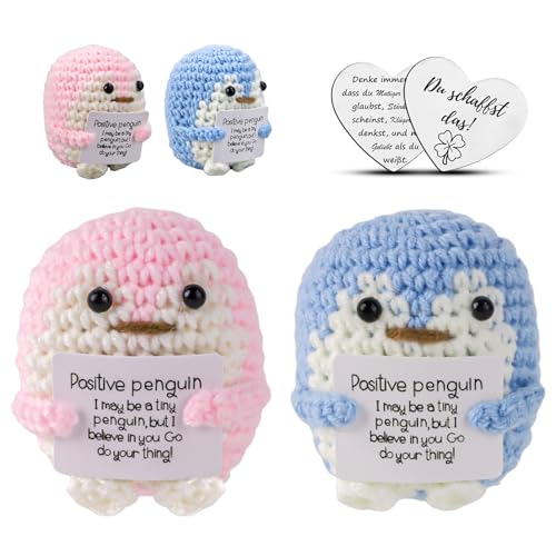 FYSL Positive Penguin Geschenk, 2 Stück Positiver Pinguin und Glücksbringer, Kreative Strickwolle Penguin mit Positive Karte, Pocket Hug Pinguin Spielzeug für Freundin (Rosa + Blau) von FYSL