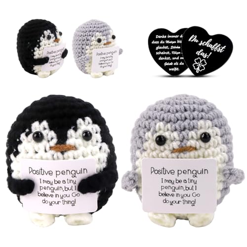 FYSL Positive Penguin Geschenk, 2 Stück Positiver Pinguin und Glücksbringer, Kreative Strickwolle Penguin mit Positive Karte, Pocket Hug Pinguin Spielzeug für Freundin (Schwarz + Grau) von FYSL