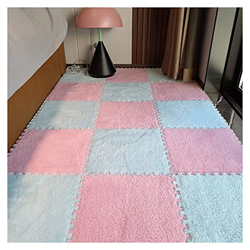 12 Stück Flauschige Ineinandergreifende Teppichfliesen, Quadratische Teppiche, Bodenfliesen, Trainings-Spielmatte Für Wohnzimmer Und Schlafzimmer Zu Hause, 12 X 12 Zoll(Color:Hellblau+Rosa) von FYYSJW