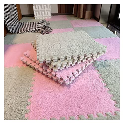 FYYSJW 12 Stück Flauschige Ineinandergreifende Teppichfliesen, Quadratische Teppiche, Bodenfliesen, Trainings-Spielmatte Für Wohnzimmer Und Schlafzimmer Zu Hause, 12 X 12 Zoll(Color:Hellgrün+Rosa) von FYYSJW