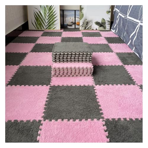 FYYSJW 12 Stück Ineinandergreifende Schaumstoffmatten, Flauschige Teppichfliesen, Plüsch-Teppich, Ineinandergreifende Bodenfliesen, Puzzle-Bodenmatte, 12 X 12 Zoll(Color:Grau+Rosa) von FYYSJW