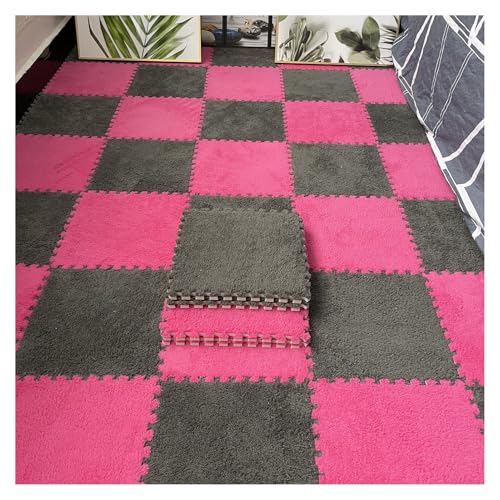 FYYSJW 12 Stück Ineinandergreifende Schaumstoffmatten, Flauschige Teppichfliesen, Plüsch-Teppich, Ineinandergreifende Bodenfliesen, Puzzle-Bodenmatte, 12 X 12 Zoll(Color:Grau+Rosa Rot) von FYYSJW