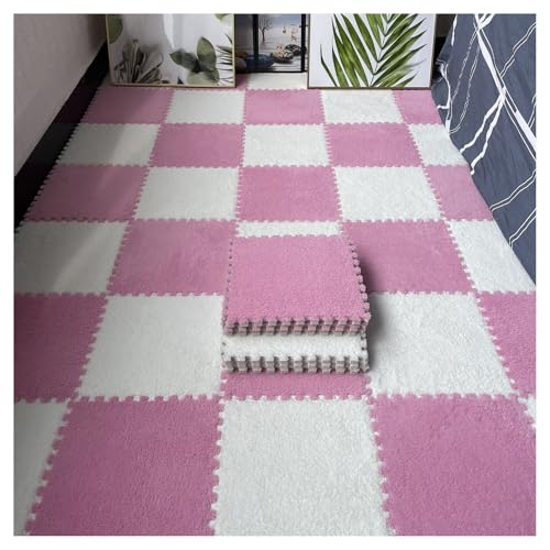 12 Stück Ineinandergreifende Schaumstoffmatten, Flauschige Teppichfliesen, Plüsch-Teppich, Ineinandergreifende Bodenfliesen, Puzzle-Bodenmatte, 12 X 12 Zoll(Color:Weiß+Rosa) von FYYSJW