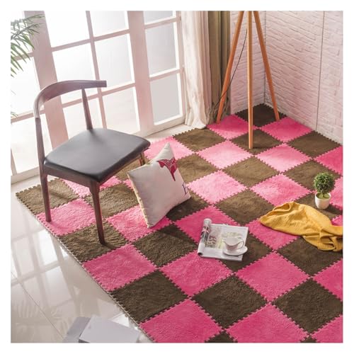 12 Stück Ineinandergreifende Teppichfliesen, Bodenmatte Aus Weichem Puzzleschaumstoff, 12 X 12 Zoll Große, Flauschiger, Weicher Kletterteppich Fürs Schlafzimmer(Color:Dunkelbraun+Rosenrot) von FYYSJW