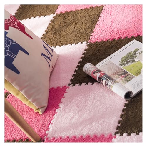 12 Stück Ineinandergreifende Teppichfliesen, Bodenmatte Aus Weichem Puzzleschaumstoff, 12 X 12 Zoll Große, Flauschiger, Weicher Kletterteppich Fürs Schlafzimmer(Color:Dunkelbraun+Rosenrot+Rosa) von FYYSJW