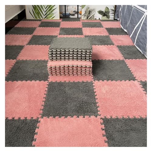 12 Stück Plüsch-Puzzle-Schaumstoff-Bodenmatte, Weiche Dicke Flauschige Ineinandergreifende Quadratische Schaumstofffliesen, Teppiche Für Wohnzimmer, 12 X 12 Zoll(Color:Hellrot+Grau) von FYYSJW