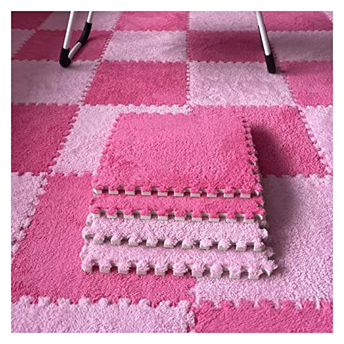 12 Stück Plüsch-Puzzle-Schaumstoff-Bodenmatte, Weiche Dicke Flauschige Ineinandergreifende Quadratische Schaumstofffliesen, Teppiche Für Wohnzimmer, 12 X 12 Zoll(Color:Rose Red+Pink) von FYYSJW