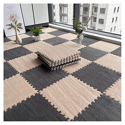 FYYSJW 12 Stück Plüsch-Schaumstoff-Bodenmatte, Dicke Quadratische Ineinandergreifende Plüsch-Teppichfliesen, Spielmatte Für Spielzimmer, Schlafzimmer, 12 X 12 Zoll(Color:Grau+Heller Kaffee) von FYYSJW