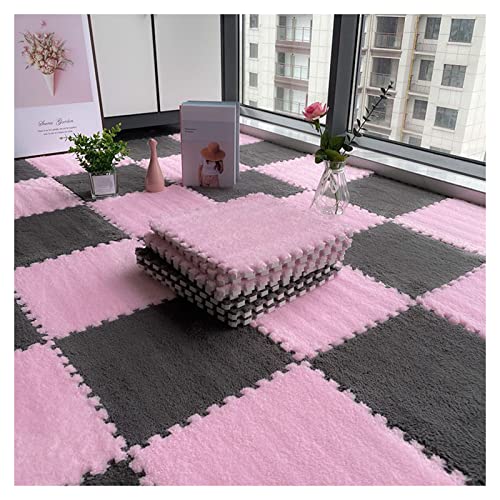 12 Stück Plüsch-Schaumstoff-Bodenmatte, Dicke Quadratische Ineinandergreifende Plüsch-Teppichfliesen, Spielmatte Für Spielzimmer, Schlafzimmer, 12 X 12 Zoll(Color:Grau+Rosa) von FYYSJW