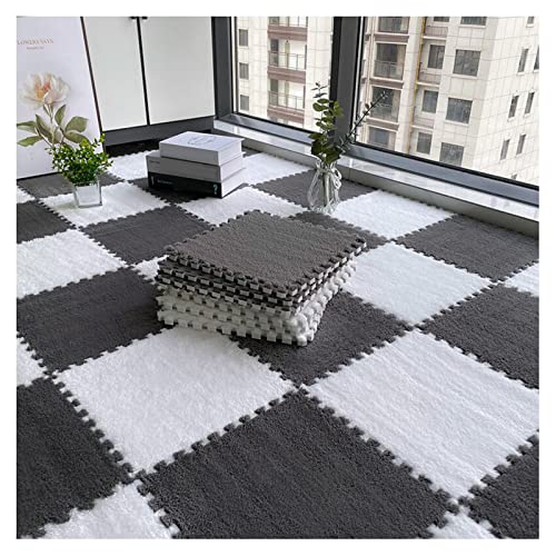 FYYSJW 12 Stück Plüsch-Schaumstoff-Bodenmatte, Dicke Quadratische Ineinandergreifende Plüsch-Teppichfliesen, Spielmatte Für Spielzimmer, Schlafzimmer, 12 X 12 Zoll(Color:Grau+Weiß) von FYYSJW