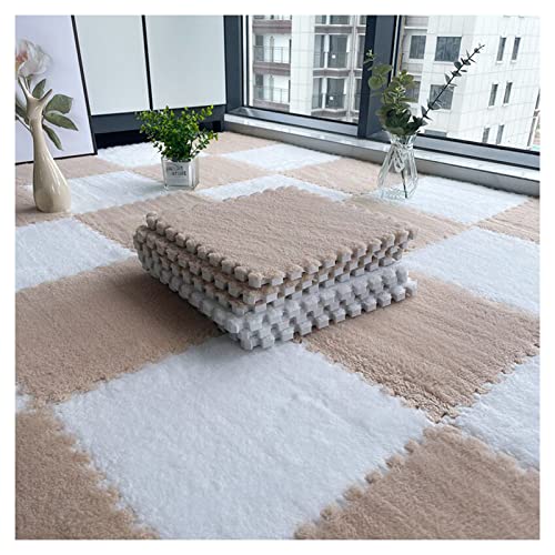 12 Stück Plüsch-Schaumstoff-Bodenmatte, Dicke Quadratische Ineinandergreifende Plüsch-Teppichfliesen, Spielmatte Für Spielzimmer, Schlafzimmer, 12 X 12 Zoll(Color:Heller Kaffee+Weiß) von FYYSJW