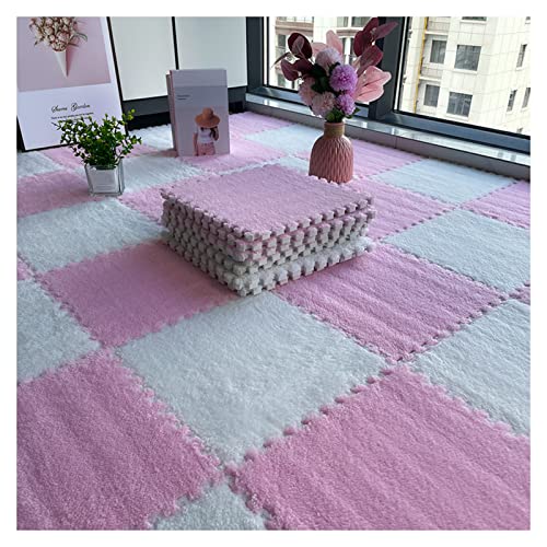 12 Stück Plüsch-Schaumstoff-Bodenmatte, Dicke Quadratische Ineinandergreifende Plüsch-Teppichfliesen, Spielmatte Für Spielzimmer, Schlafzimmer, 12 X 12 Zoll(Color:Rosa+Weiß) von FYYSJW