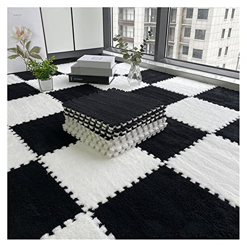 FYYSJW 12 Stück Plüsch-Schaumstoff-Bodenmatte, Dicke Quadratische Ineinandergreifende Plüsch-Teppichfliesen, Spielmatte Für Spielzimmer, Schlafzimmer, 12 X 12 Zoll(Color:Schwarz+Weiß) von FYYSJW