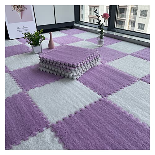 12 Stück Plüsch-Schaumstoff-Bodenmatte, Dicke Quadratische Ineinandergreifende Plüsch-Teppichfliesen, Spielmatte Für Spielzimmer, Schlafzimmer, 12 X 12 Zoll(Color:Weiß+Lila) von FYYSJW