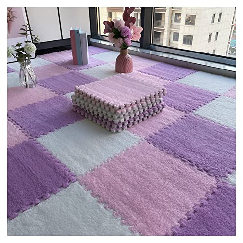 12 Stück Plüsch-Schaumstoff-Bodenmatte, Dicke Quadratische Ineinandergreifende Plüsch-Teppichfliesen, Spielmatte Für Spielzimmer, Schlafzimmer, 12 X 12 Zoll(Color:Weiß+Rosa+Lila) von FYYSJW