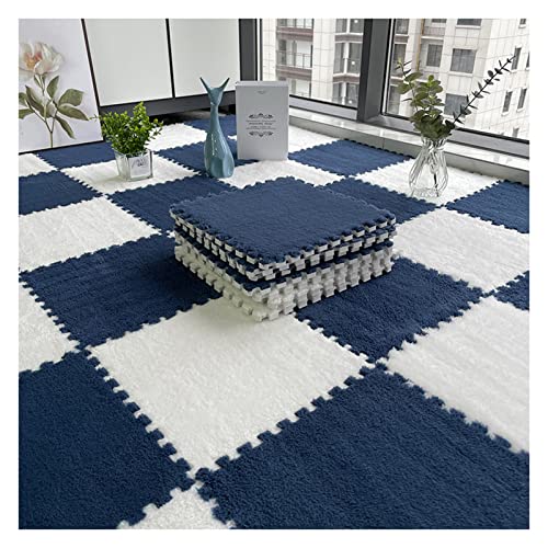 12 Stück Plüsch-Schaumstoff-Bodenmatte, Quadratische Ineinandergreifende Teppichfliesen, Flauschige Spielmatte, Bodenfliesen, 12 X 12 Zoll(Color:Marineblau+Weiß) von FYYSJW