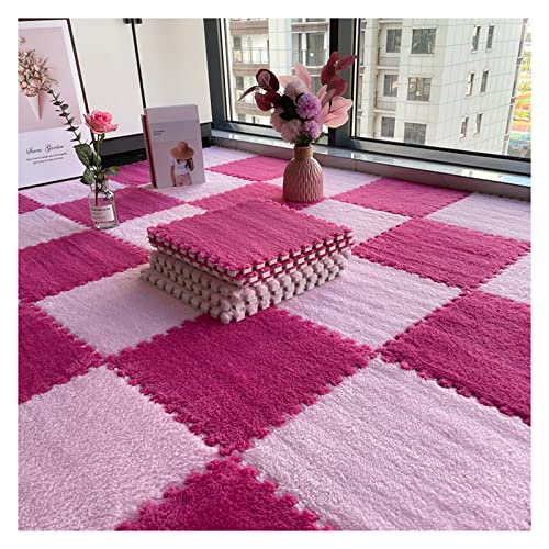 12 Stück Plüsch-Schaumstoff-Bodenmatte, Quadratische Ineinandergreifende Teppichfliesen, Flauschige Spielmatte, Bodenfliesen, 12 X 12 Zoll(Color:Rosa+Rosarot) von FYYSJW