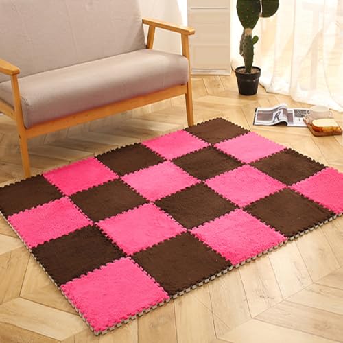 12 Stück Quadratische Ineinandergreifende Schaumstofffliesen, Weiche Teppichfliesen, Plüsch-Puzzlematten, Bodenmatte Für Schlafzimmer, 12 X 12 Zoll(Color:Rose Red+Coffee) von FYYSJW